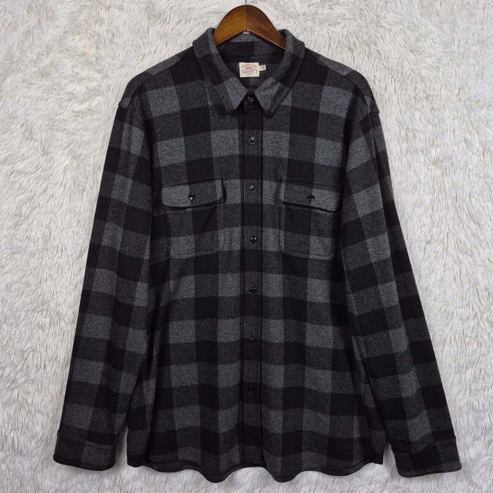 Faherty Cloud Soft‎ Flannel Shirt Mens XXL Charcoal Black Buffalo Plaid